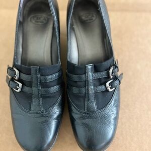 Joan & David Black Leather Loafers with Buckle Accents